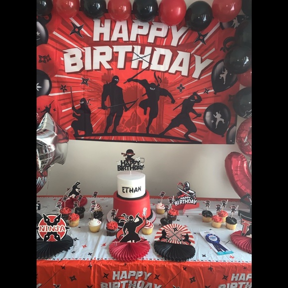 Kid,Dad and Mom Happy Birthday Ninja ThemeT-Shirts. Cupcake Toppers and Backdrop - Picture 15 of 16